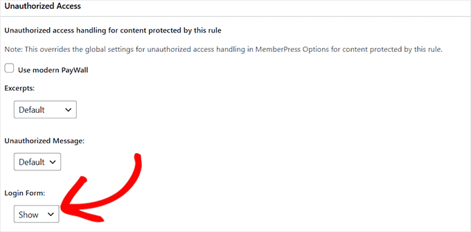 Choose the Show option for the login form 选择登录表单的 Show (显示) 选项
